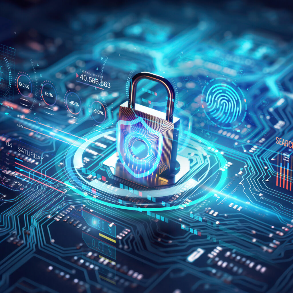 secure connection or cybersecurity service concept of compute motherboard closeup and safety lock with login and connecting verified credentials as wide banner design - Generative AI